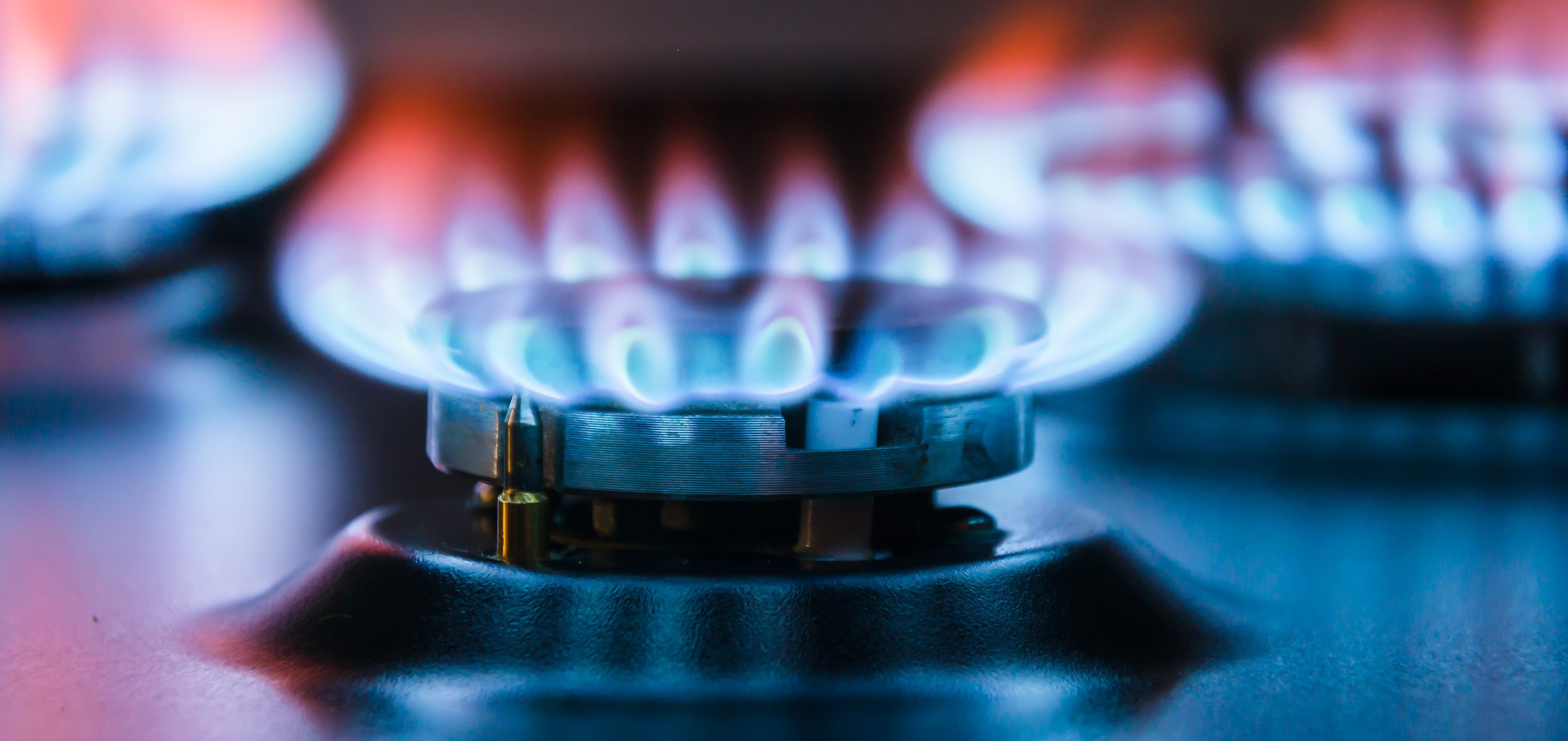 Nahaufnahme roter und blauer Gasflammen an einem Herd
